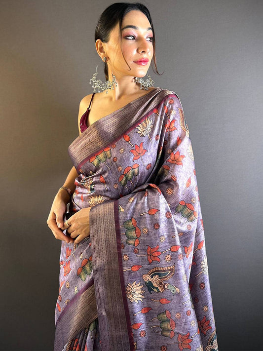 Purple Kalamkari Tussar Silk Saree by My Store