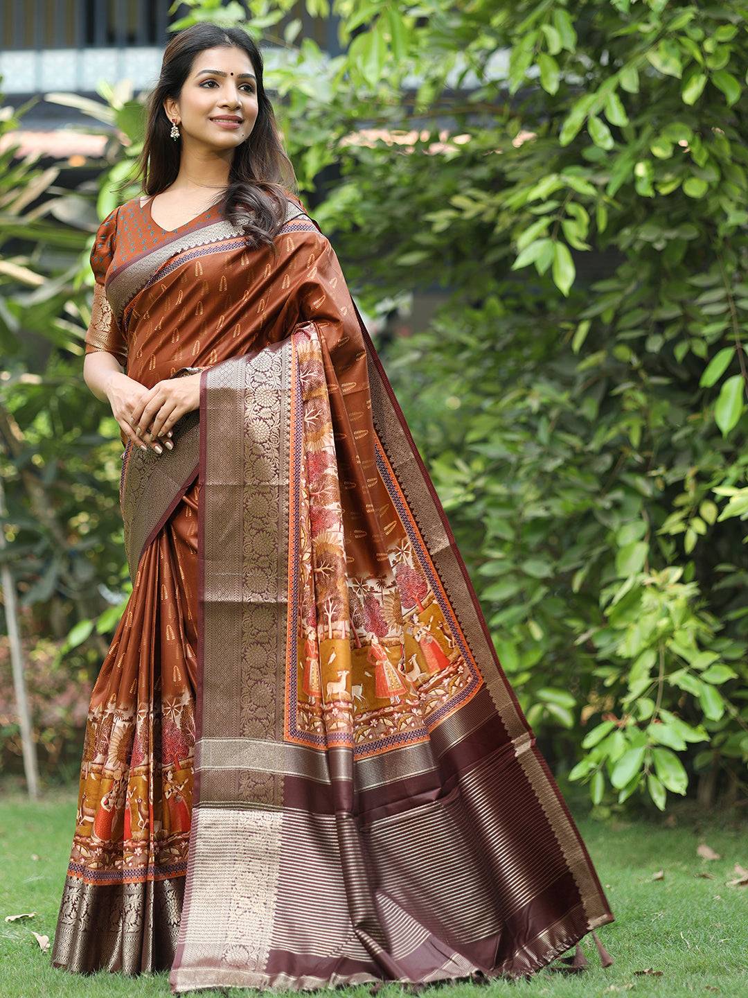 Coffee Brown Hand Kalamkari Printed Pure Viscose Dola Silk Saree - Luxe by My Store