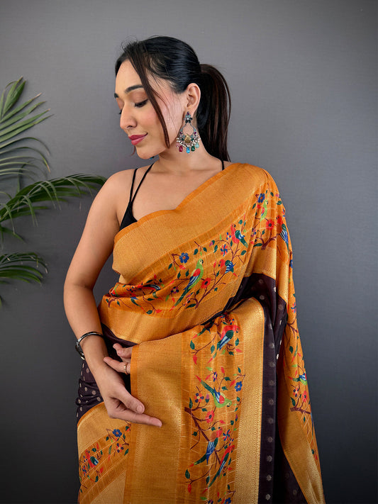 Brown Gadwal Silk Double Chex Saree by My Store