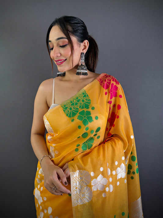 Graceful Yellow Dhakai Jamdani Cotton Silk Saree by My Store