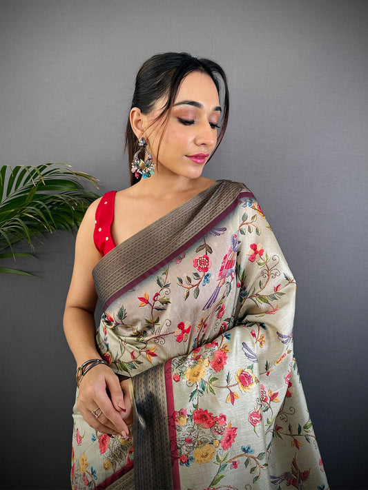 Grey Tussar Silk Digital Print Saree by My Store