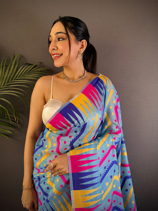 Royal Sky Blue Dhakai Cotton Jamdani Saree by My Store