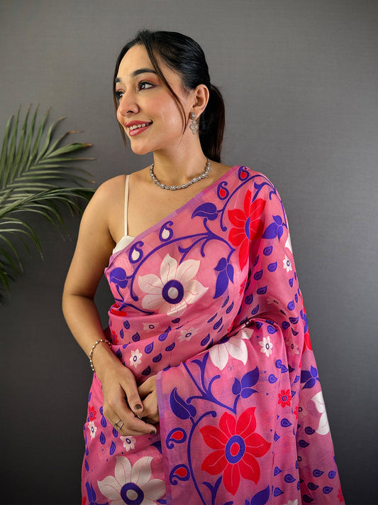 Rose Pink Dhakai Jamdani Cotton Silk Saree by My Store