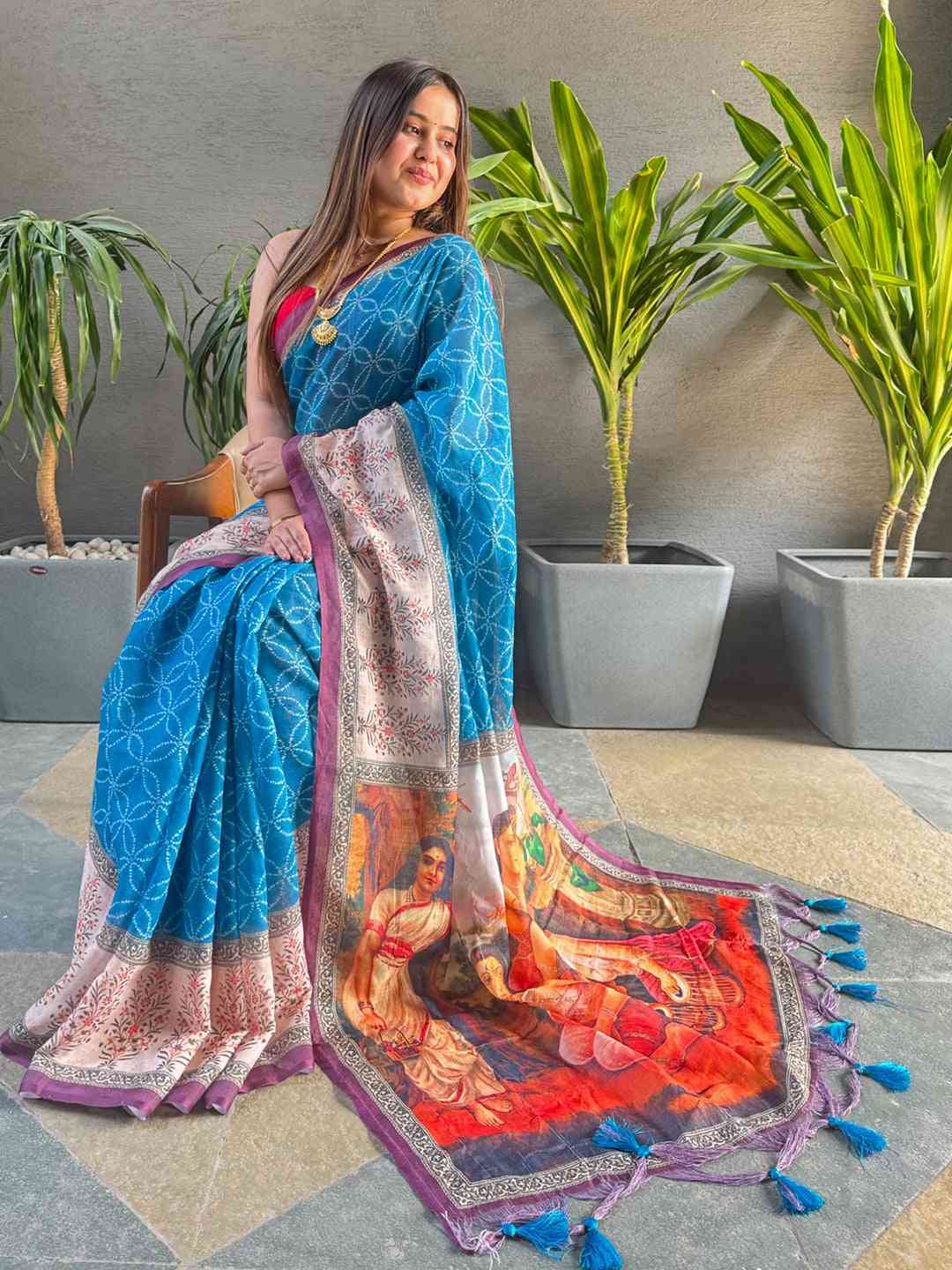 Blue Colour Geometric Print Saree With kalamkari Print Design