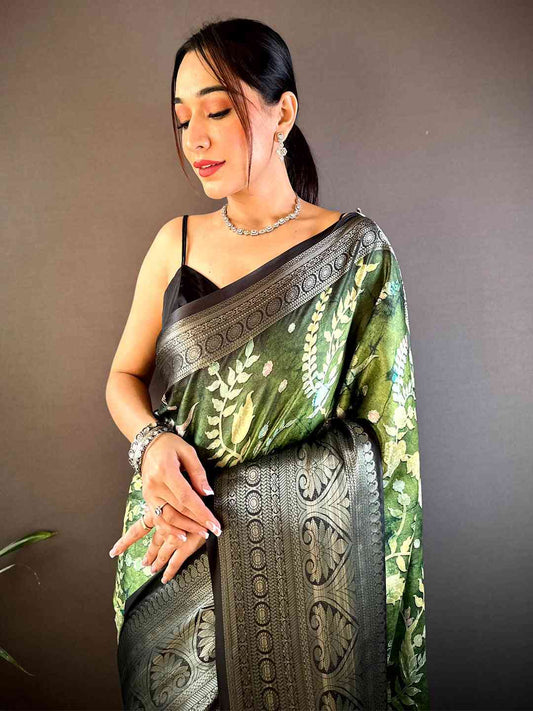 Green Floral Animal Batik Soft Silk Saree by My Store