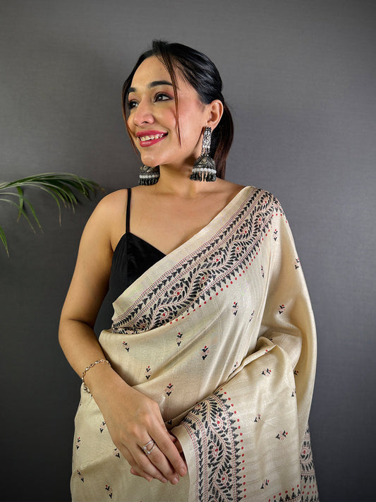 Cream Tussar Silk Madhubani Print Saree by My Store