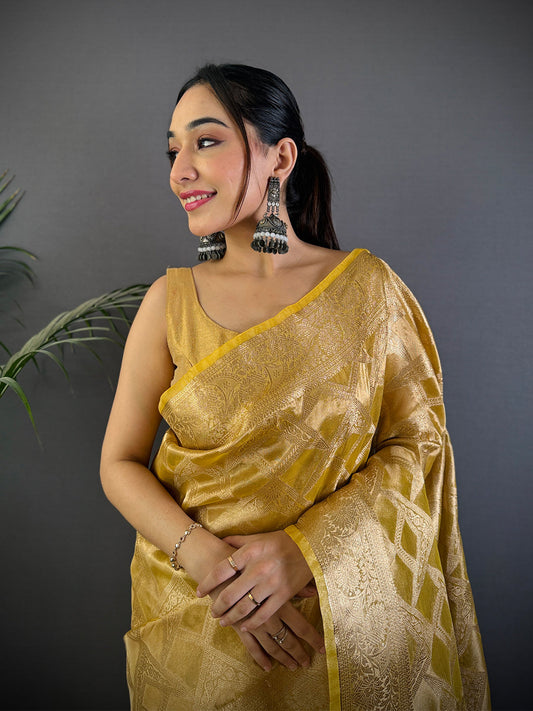Yellow Tissue Jarokha Zari Weaving Saree