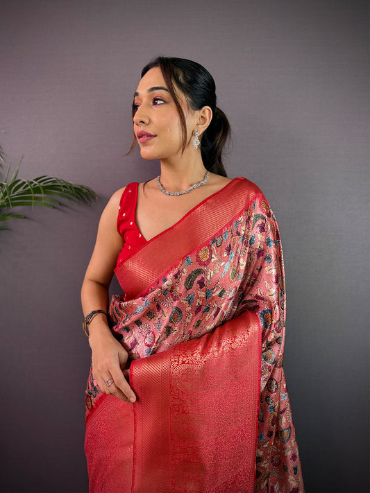 Coral Red Cherry Satin Kalamkari Saree by My Store