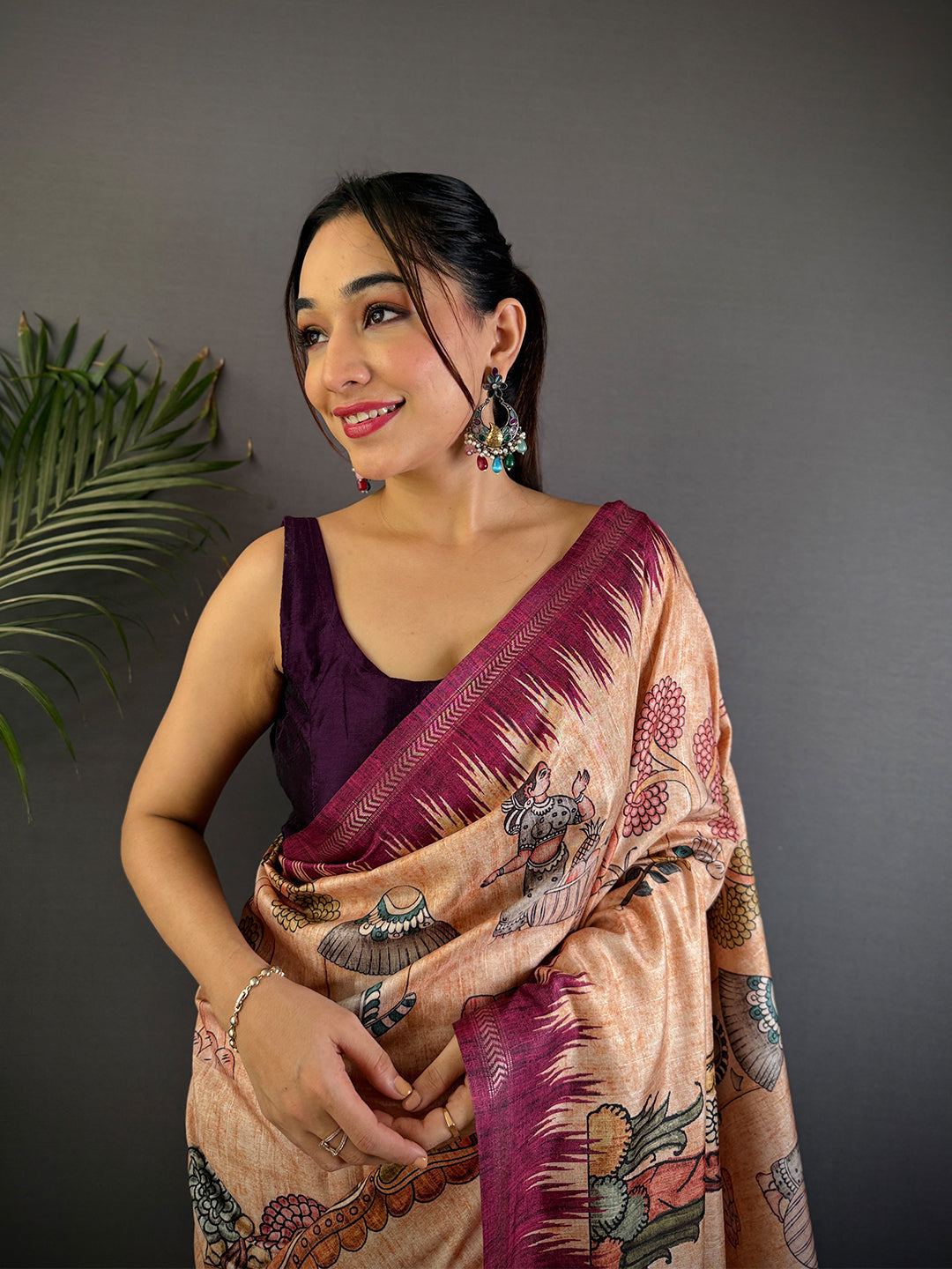 Light Peach Tussar Silk Kalamkari Printed Saree by My Store