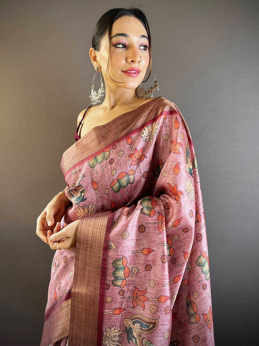 Brown Kalamkari Tussar Silk Saree by My Store