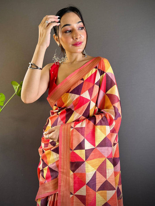 Geometric Linen Saree by My Store
