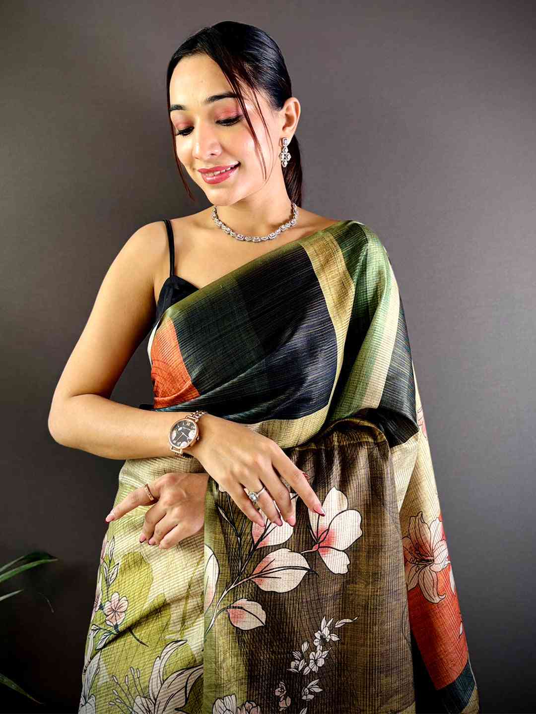 Light Green Tussar Zari Floral Saree by My Store