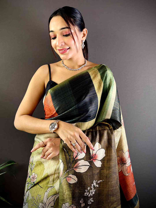 Light Green Tussar Zari Floral Saree by My Store