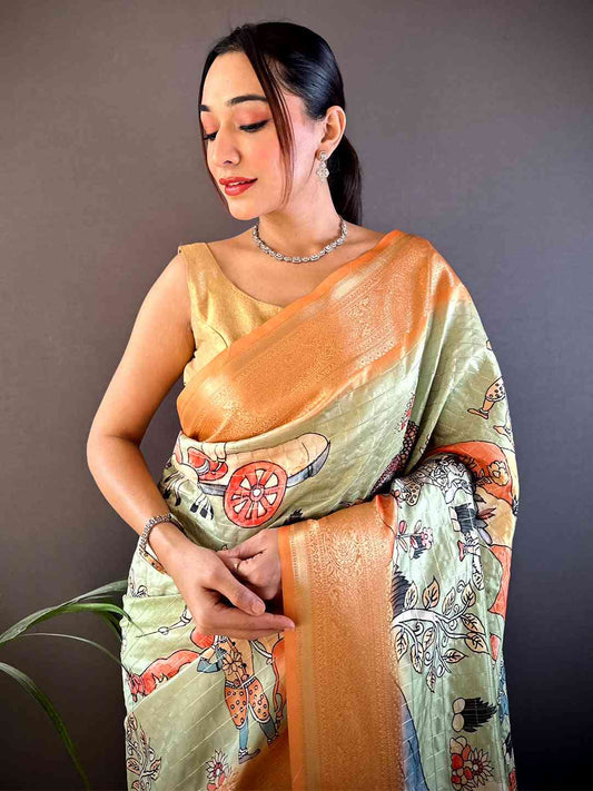 Pista Soft Silk Gold Zari Kalamkari Chex Saree by My Store