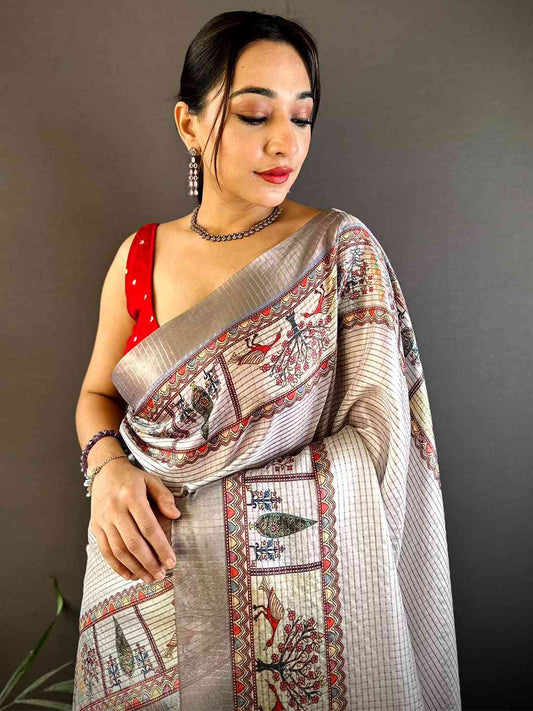 Graceful Off White Soft Silk Chex Saree by My Store