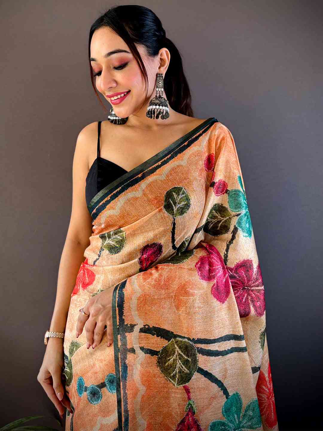 Light Peach Folklore Tissue Chanderi Saree by My Store