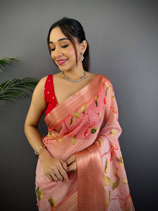 Coral Soft Organza Digital Print Saree by My Store