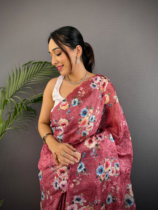 Rose Pink Kota Doriya Floral Cut Work Saree by My Store