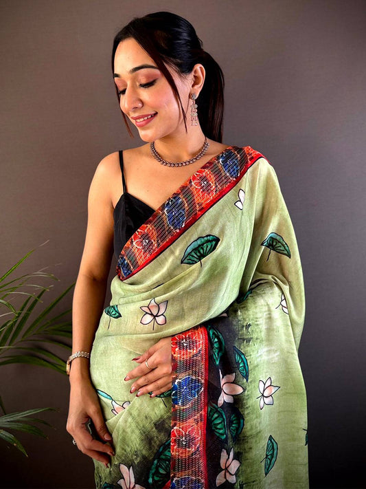 Green Georgette Pichwai Print Saree by My Store