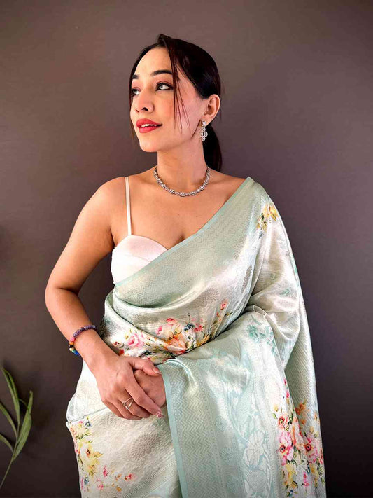 Ethereal Mint Kanjivaram Digital Silk Saree by My Store