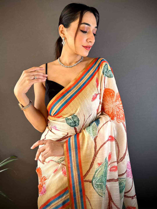 Floral Sunlit Yellow Chanderi Saree by My Store