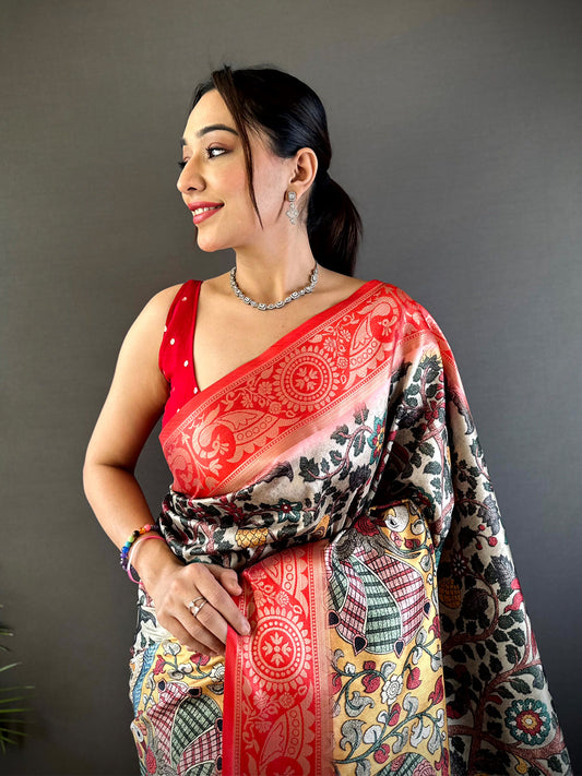Cream Yevla Pathani Soft Silk Saree by My Store