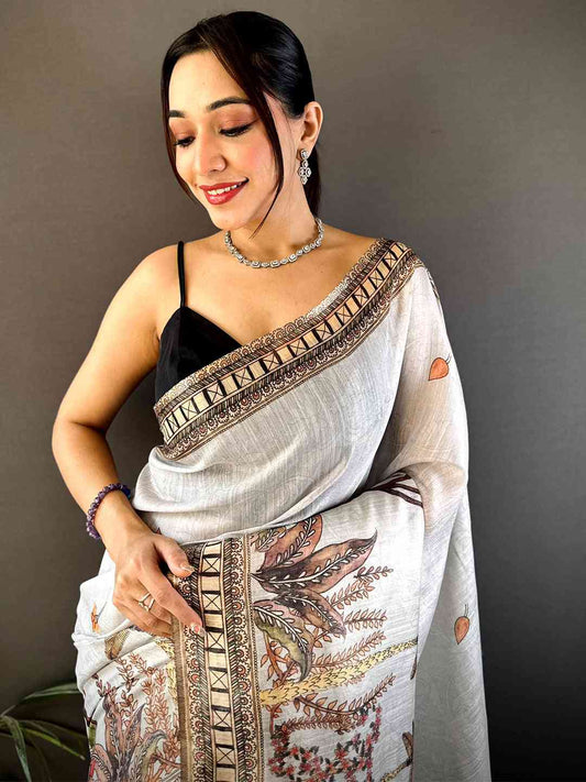 Grey Tissue Floral Leaf Print Saree by My Store