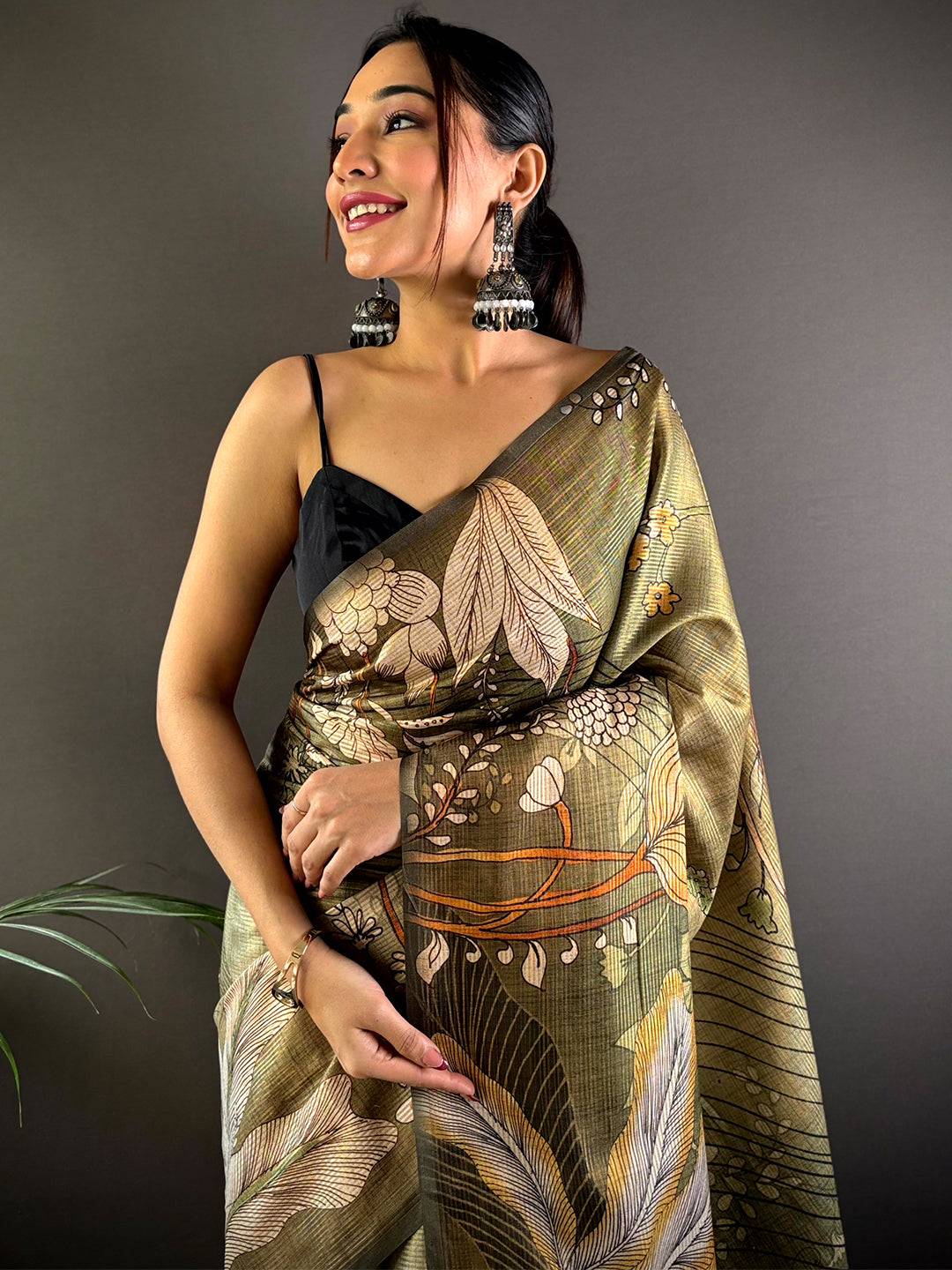 Olive Green Semi Gold Zari Botanical Tussar Saree by My Store