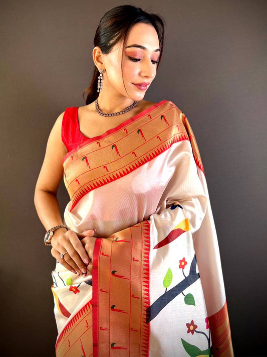 Daisy White Minakari Soft Silk Saree by My Store