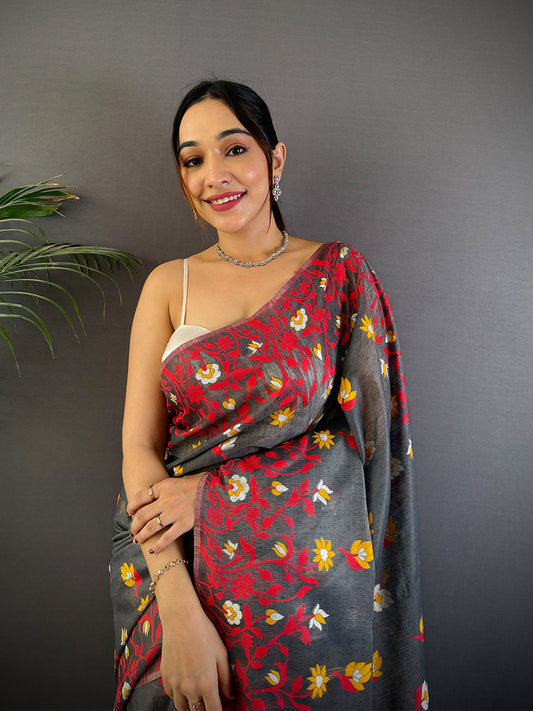 Royal Grey Dhakai Cotton Silk Saree by My Store