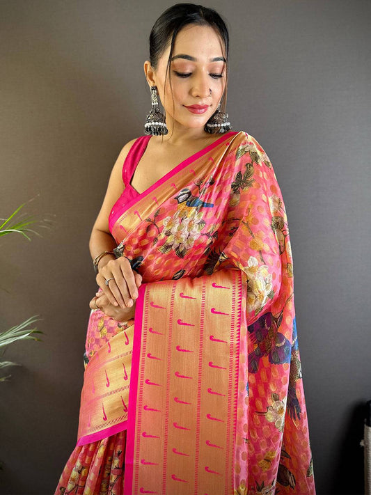 Pink Floral Paithani Kora Silk Saree by My Store