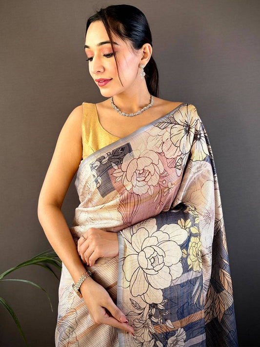 Stone Blue Tussar Floral Saree by My Store