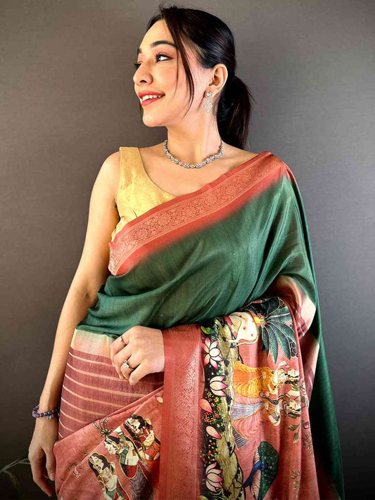 Dark Green Kalamkari Ombre Soft Silk Saree by My Store