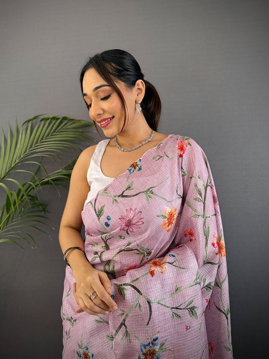 Light Lavender Soft Kota Floral Print Saree by My Store