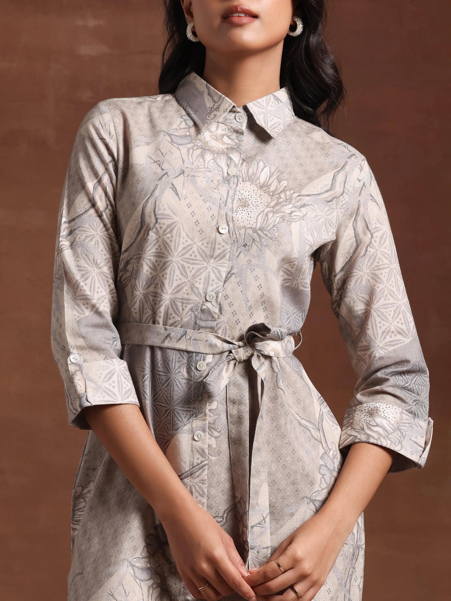 Off White Printed Cotton Blend Shirt Dress