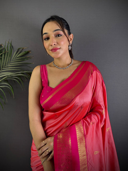 Rose Pink Satin Bentex Soft Silk Saree by My Store
