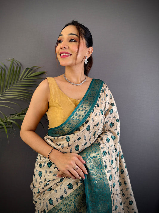 Radiant Leaf Print Soft Dola Silk Saree by My Store