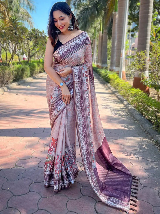 Satin Kota Doria Saree With Kalamkari Digital Print In Muvel Colour by My Store