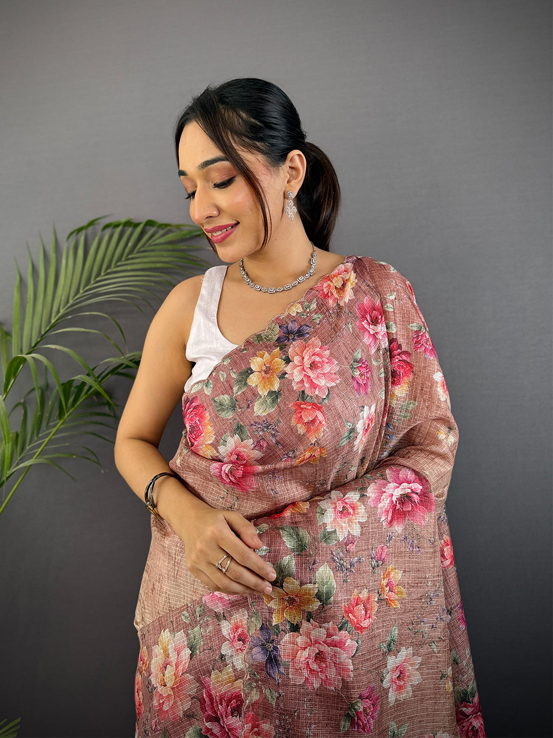 Light Brown Kota Doriya Floral Cut Work Saree by My Store