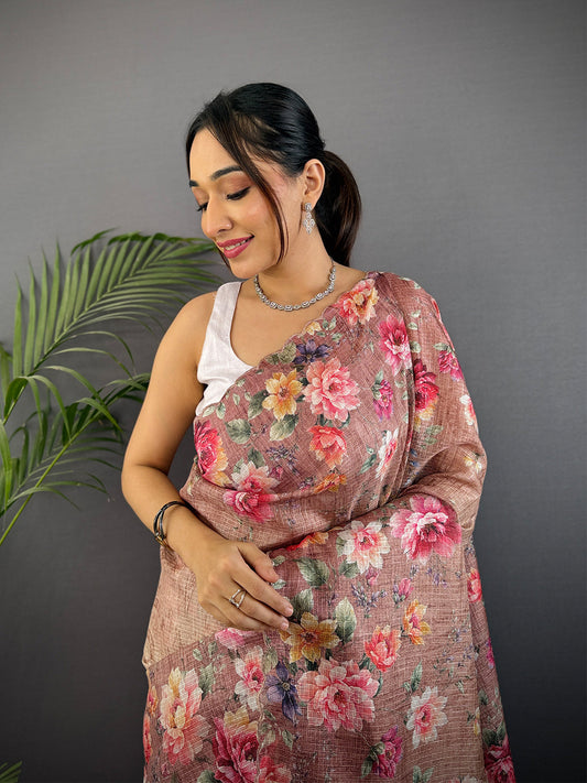 Light Brown Kota Doriya Floral Cut Work Saree by My Store