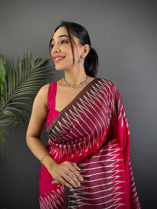 Pink Soft Silk Ikkat Zari Weaving Saree by My Store