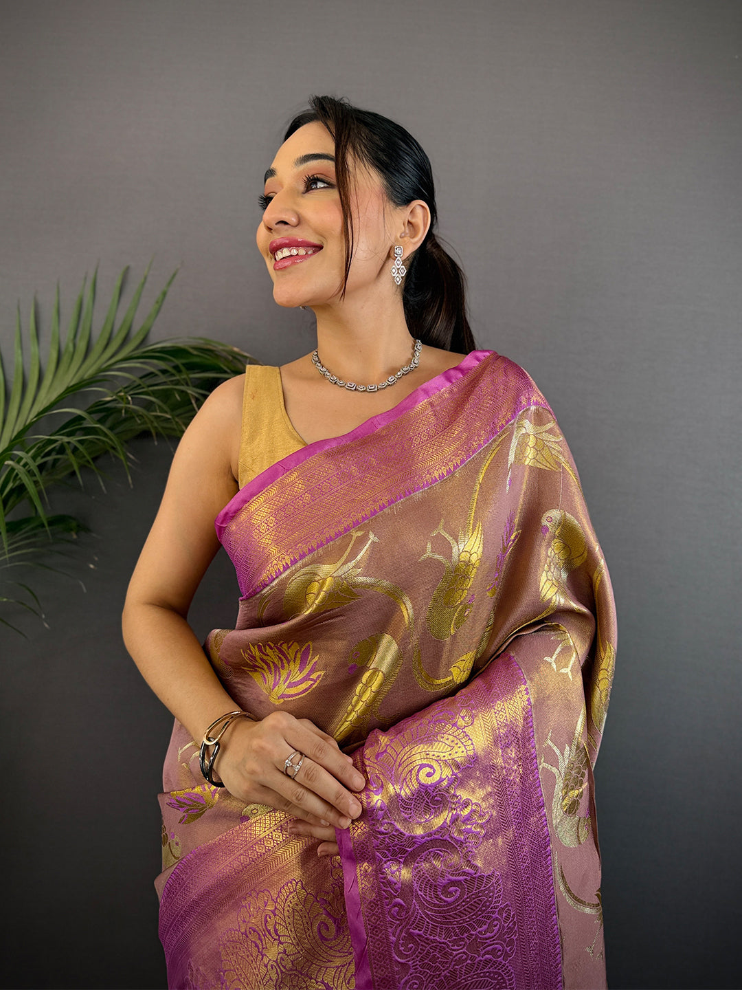 Light Wine Dharmavaram Gold Birds Print Saree by My Store