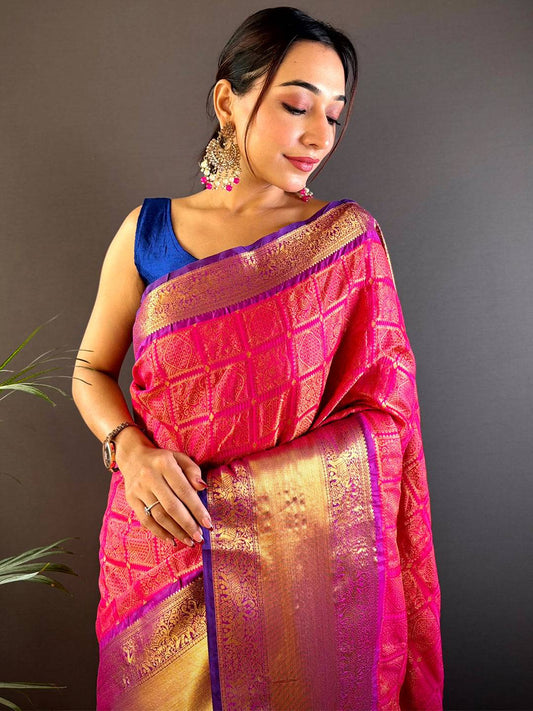 Pink Kanjivaram Checked Saree With Radiant Zari Border by My Store