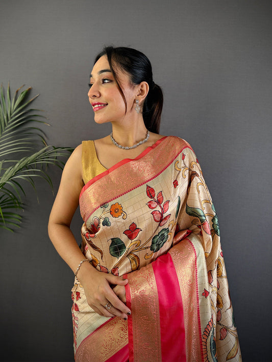 Cream Soft Silk Gadwal Kalamkari Saree by My Store