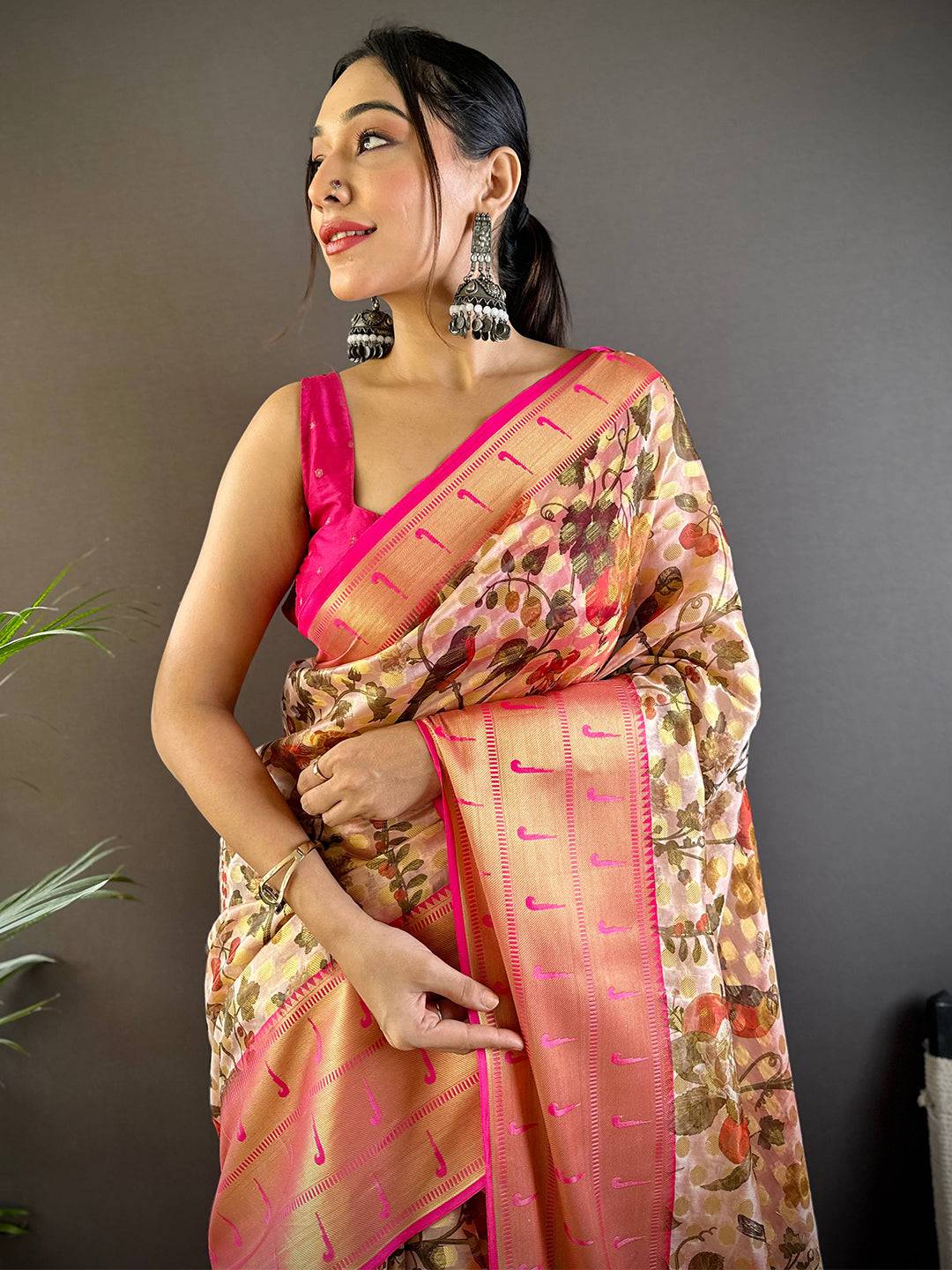 Light Peach Floral Paithani Kora Silk Saree by My Store
