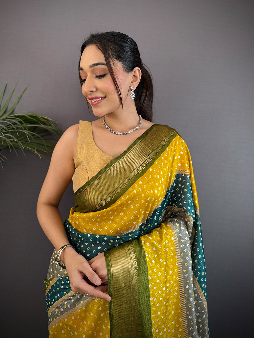 Olive Soft Dola Bandhej Print Saree by My Store