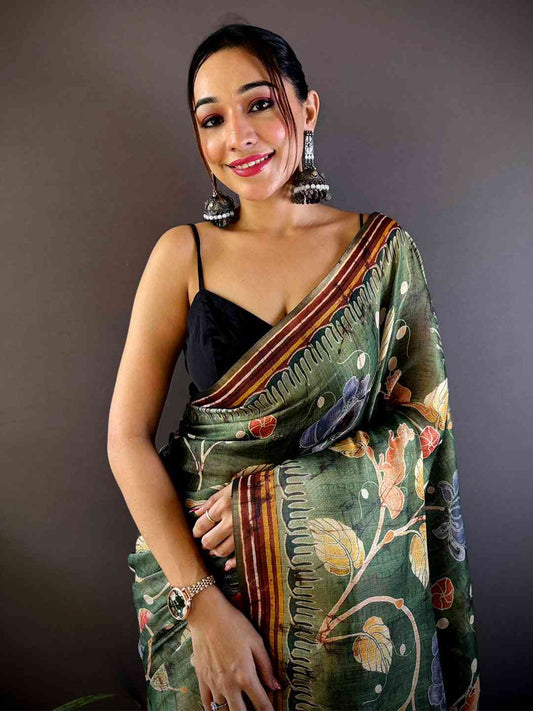Dark Green Tissue Chanderi Kalamkari Saree by My Store