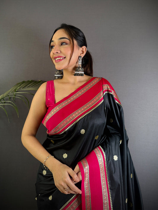 Raven Black Soft Silk Floral Butta Saree by My Store