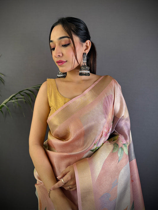 Radiant Pink Soft Silk Tissue Printed Saree by My Store