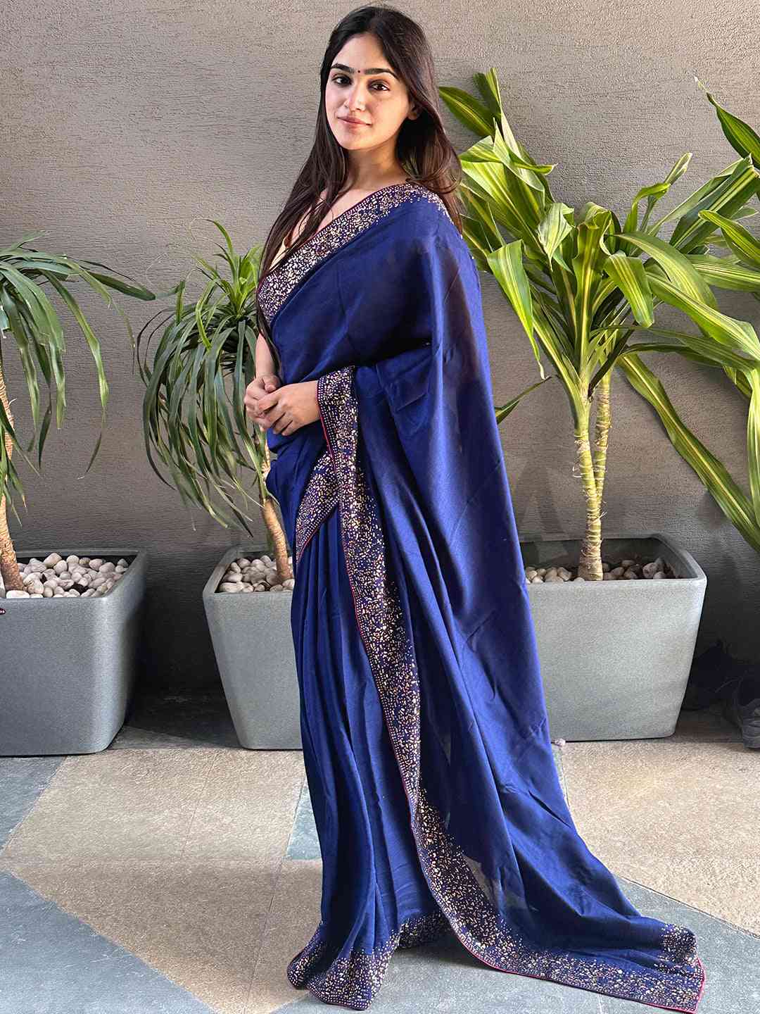 Navy colour Vichitra Silk Saree With Embellish Swarovski Stone work by My Store